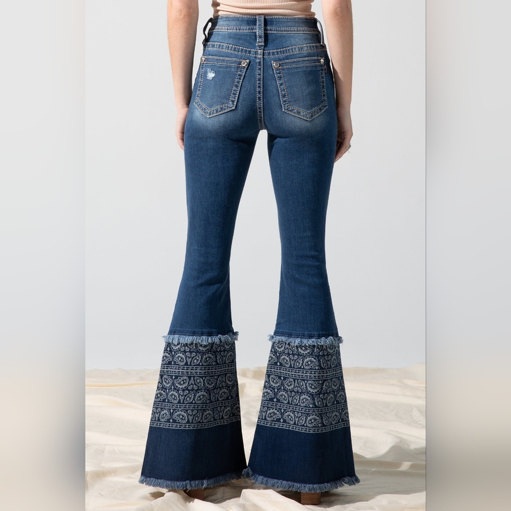 Miss Me Blue Flare Jeans with Patterned Hem - Picture 4 of 7